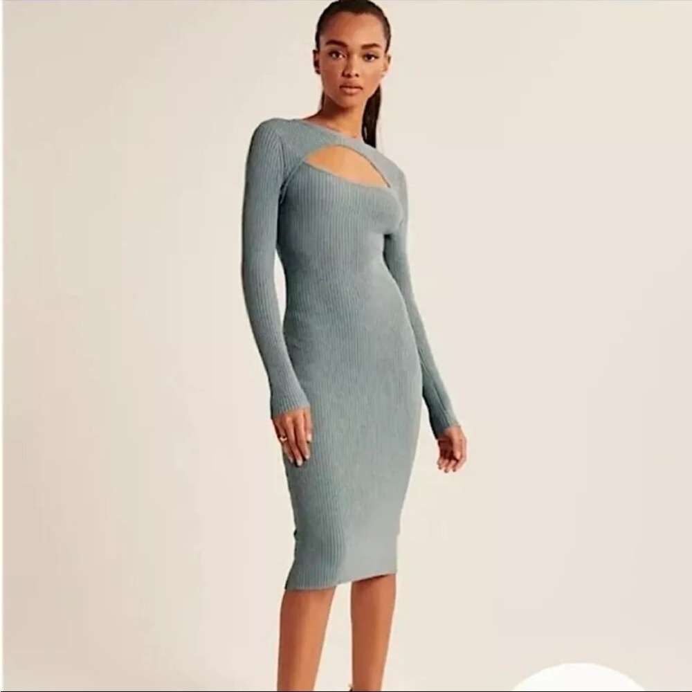 Abercrombie & Fitch Bodycon Ribbed Sweater Cut Out Midi Dress in blue Size XL P